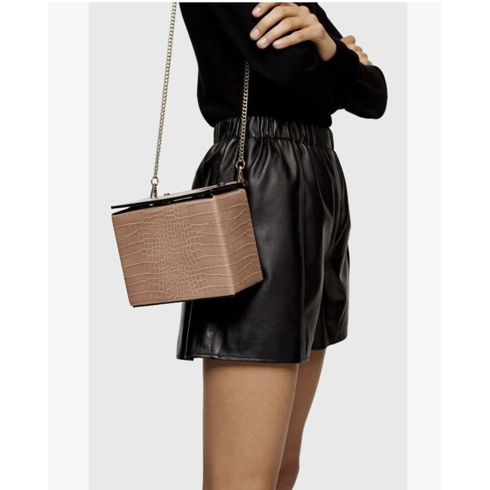 Topshop Meg Boxy Faux Leather Cross Embossed Crossbody Bag Gold Chain Handle